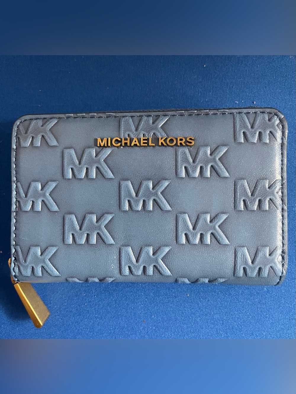 Michael Kors French Blue Embossed MK Card Case with Gold Logo